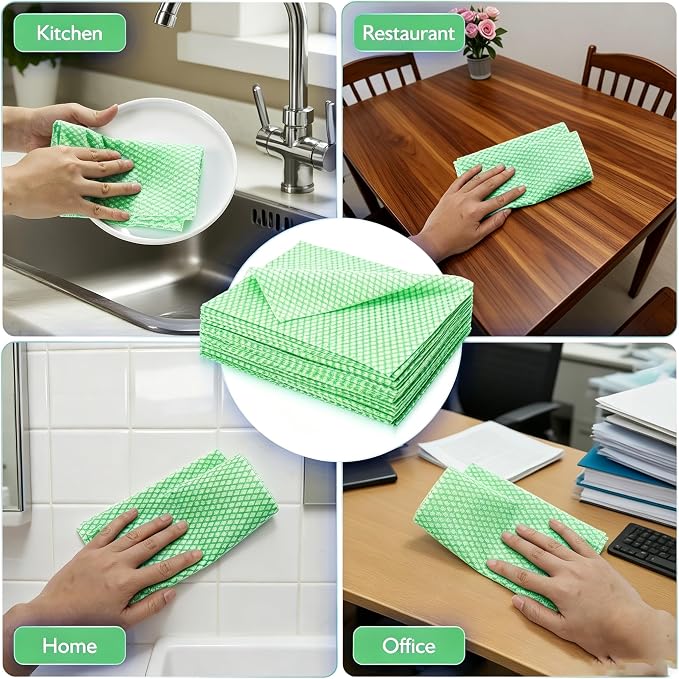 60 Pack Disposable Dish Cloths for Kitchen, Durable Cleaning Wipes | Short-term reusable cleaning cloths for bathroom & daily Cleaning (Green)
