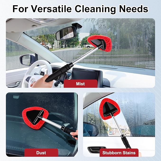 JUSTTOP Windshield Cleaner Tool, Car Interior and Exterior Window Cleaning Kit with Extendable Handle & 4 Reusable Microfiber Pads, Auto Glass Wiper Brush Kit for Car & Home Windows (Red)