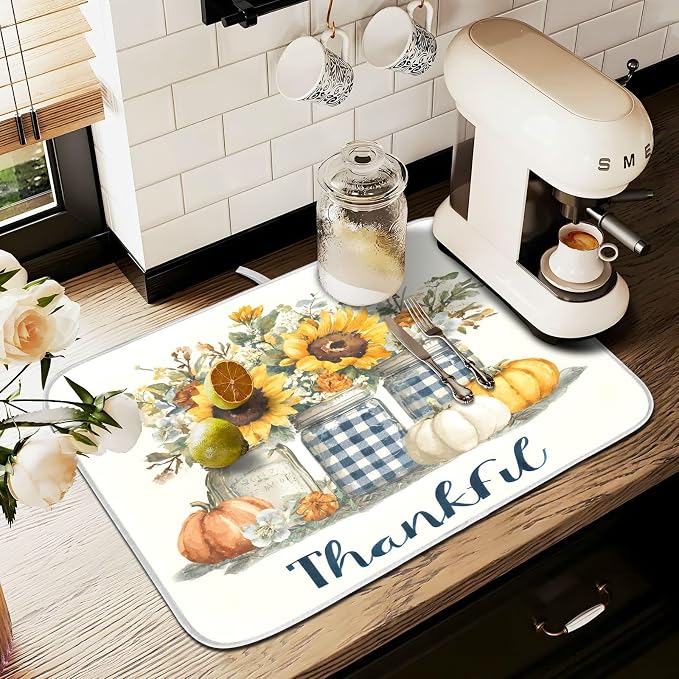 Autumn Pumpkin and Sunflower Floral Vase Dish Drying Mat for Kitchen Counter Absorbent Microfiber Large Drying Pad Dish Mats for Kitchen Countertops 18 x 24 Inch