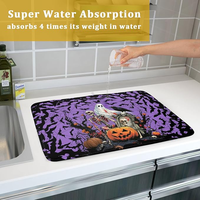 Giwawa Halloween Pumpkin Dish Drying Mat 18x24 inch Spooky Ghost Bat Dish Rack Mats Microfiber Draining Pad Fast Dry Holiday Kitchen Accessories