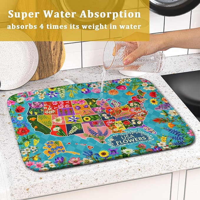 Flower Map Dish Drying Mat American Floral Decoration Coffee Mat for Kitchen Counter