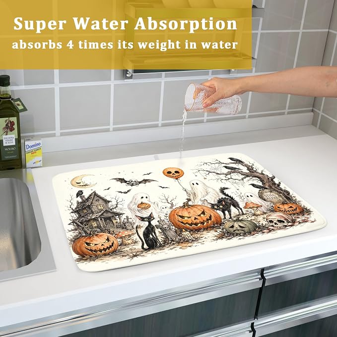 Giwawa Halloween Pumpkin Ghost Dish Drying Mat Black Cat Microfiber Dishes Pad 18x24 Inch Holiday Dish Drainer Rack Mats for Kitchen Counter Sink