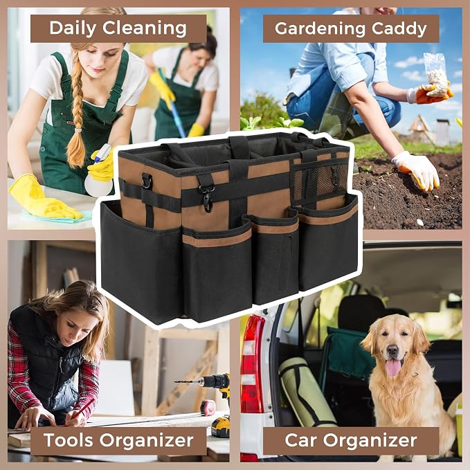 SCAVATA Wearable Cleaning Caddy, Cleaning Caddy Supplies Organizer with Handle & Shoulder Straps for Housekeepers, Under Sink & Car Cleaning Tool Organizers Bag with 4 Foldable Divider (Brown)