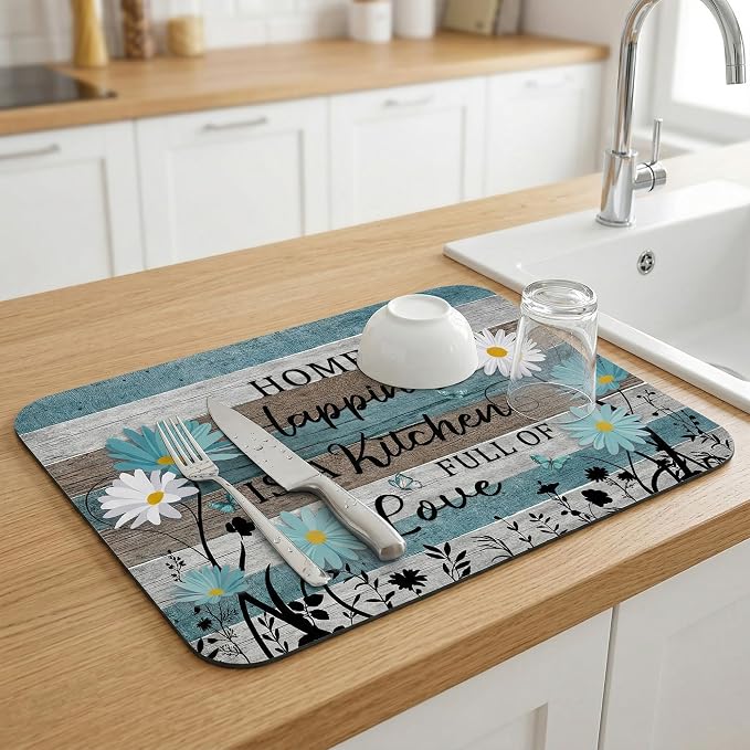 Daisy Dish Drying Mat for Kitchen Counter Sink, Absorbent Microfiber Farmhouse Drying Pad, Reversible Countertop Mat for Kitchen Decor