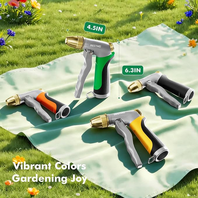 RESTMO Metal Water Hose Nozzle, High Pressure Garden Sprayer, Green | Adjustable Brass Head for 4 Spray Patterns, Heavy Duty Garden Water Sprayer for Outdoor Lawn & Plant & Car