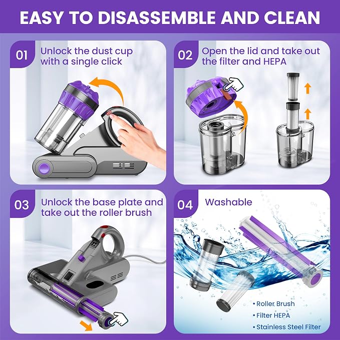 Mattress Vacuum Cleaner, Handheld Bed Vacuum Cleaner with 16Kpa Suction, 253.7nm UV-C Light & 149℉ Hot Air, 550W Double-Cup Handheld Vacuums