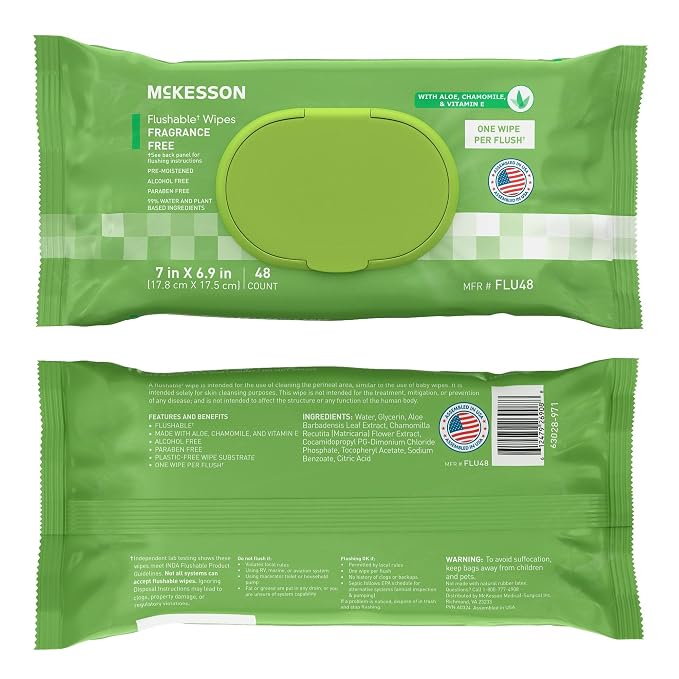 McKesson Flushable Adult Wet Wipes, Unscented, 576 Wipes (12 Pack of 48) | Plant-Based Cleansing Wipes, Unscented, Gentle on Skin, Plant-Based Adult Cleansing Wipes