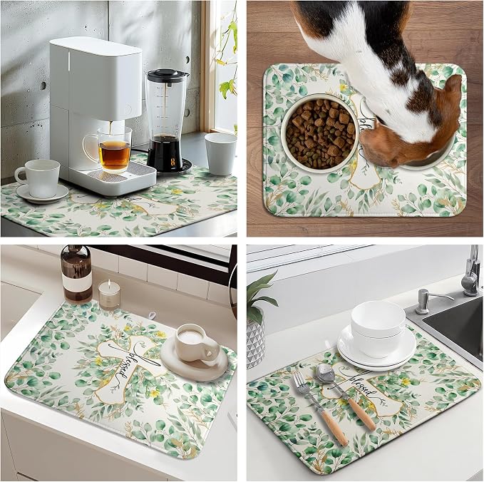 Spring Summer Cross Blessed Dish Drying Mats Spring Eucalyptus Leaves Dish Mat Drying Matt Floral Dishes Dryer Pad for Kitchen Counter Absorbent Microfiber Washable Foldable Reusable 18x24 in