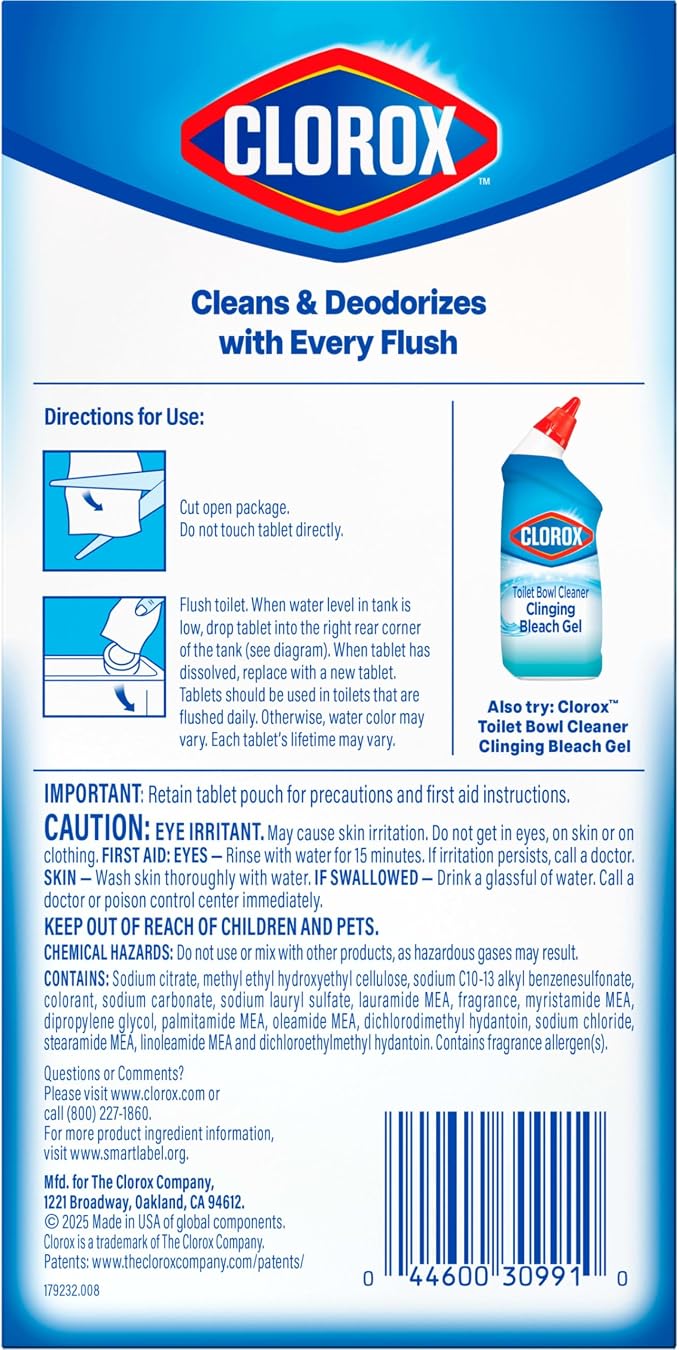 Clorox Ultra Clean Toilet Tablets Bleach & Blue, Rain Clean Scent, 2.47 Ounces Each, 4 Count (Package May Vary)