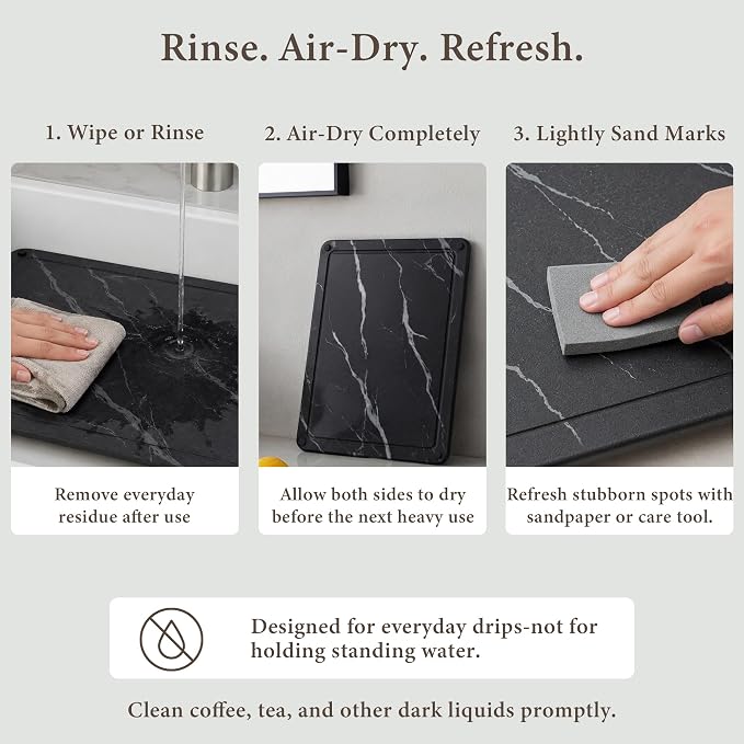 Large Stone Dish Drying Mat 24"x16", Black Stone Dish Drying Mats for Kitchen Counter, Diatomaceous Earth Dish Drying Mat, Quick Dry Dish Drying Stone Mat, Oversized Absorbent Board, Easy Clean
