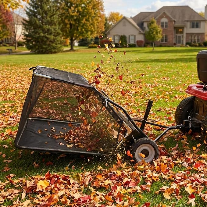 Grebest Tow Behind Lawn Sweeper for Tractors & Riding Mowers, 44" Wide, 25cu ft Large Capacity Leaf & Grass Sweeper with Adjustable Brush Height, Dump Rope, Rubber Wheels, Foldable Design