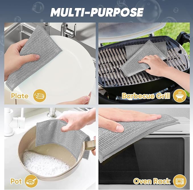 Orighty Multipurpose Wire Dishwashing Rag 12 Pcs, Upgraded Double-Layer Non-Scratch Wire Dish Cleaning Cloths, Reusable Steel Scrubber for Kitchen, Powerful Dishcloth Rag for Cookware, Grey, 7"x8"