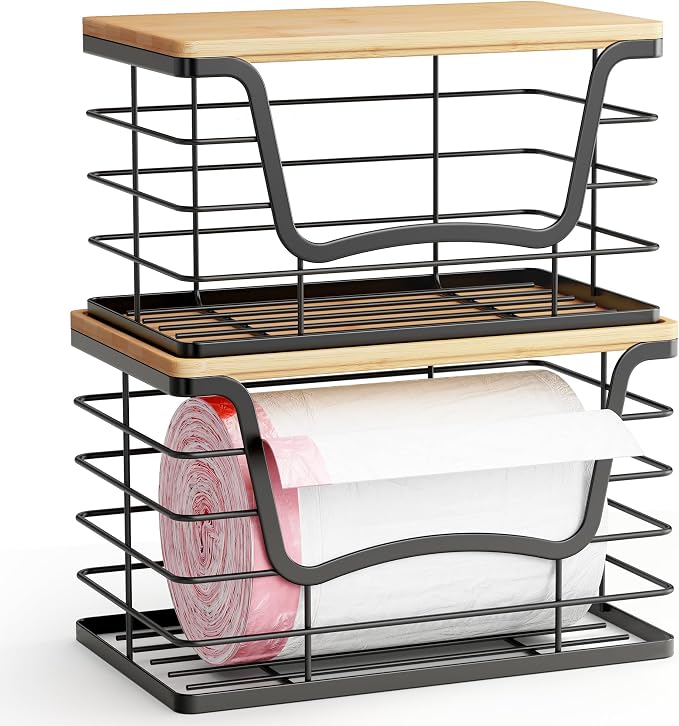 ALOCEO 2 Pack Stackable Wire Storage Basket with Bamboo Lid, Stainless Steel Extra Large Trash Bag Dispenser Roll Holder for Kitchen Sink, Laundry, Pantry Organizer and Storage, Black