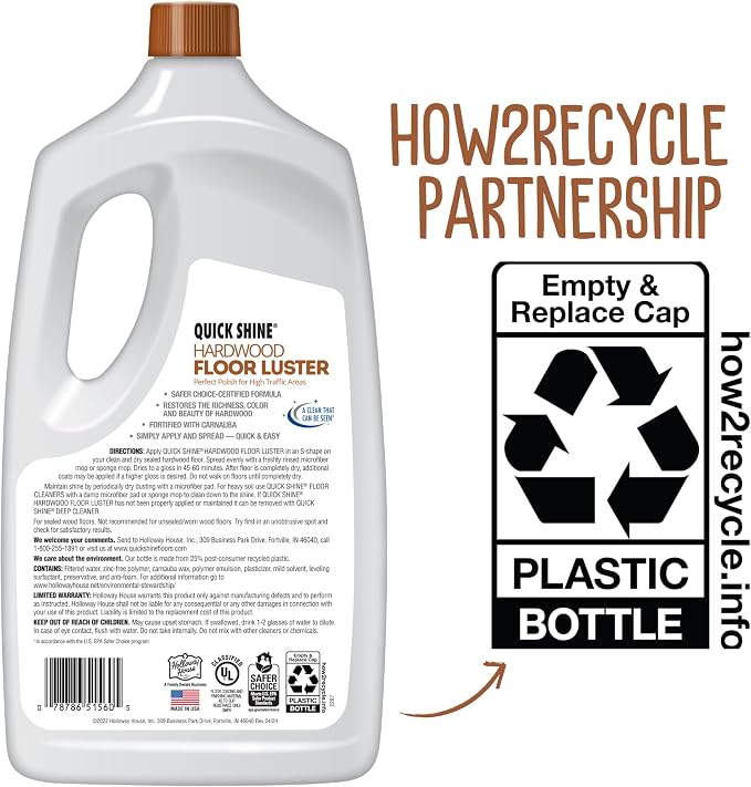 Quick Shine Hardwood Floor Luster 64 oz, Natural Looking Shine | Plant Derived Carnauba Polish, Renew & Protect, Streak & Haze Free, Non-slip, pH Neutral, No PFAS, EPA Safer Choice