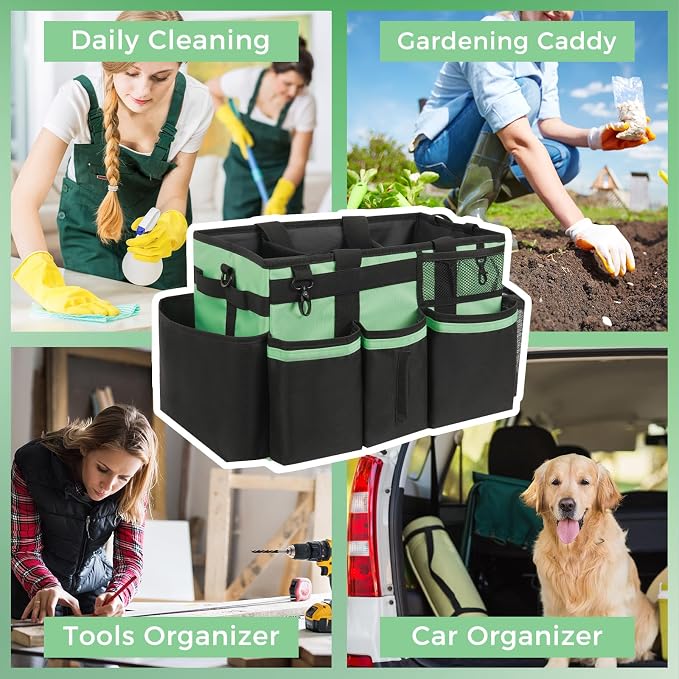 SCAVATA Wearable Cleaning Caddy, Cleaning Caddy Supplies Organizer with Handle & Shoulder Straps for Housekeepers, Under Sink & Car Cleaning Tool Organizers Bag with 4 Foldable Divider (MintGreen)