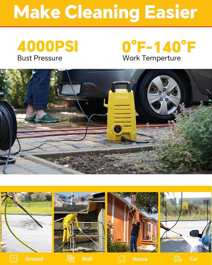 25ft Pressue Washer Hose 4000 PSI,M22 Replacement Power Washing Hose | Kit M22 14mm to 3/8'' Quick Connect & M22 Extension Adapter, No Kink 1/4'' ID Powerful Cleaning Hose for Car Garden Yard