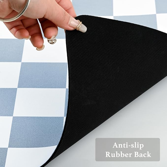 Ohocut Checkered Dish Drying Mat for Kitchen Counter, Coffee Bar, Coffee Station Accessories, Retro Cute Aesthetic Modern Absorbent Drainer Mat Kitchen Drying Mat Easy Clean, Blue 16" x 24"