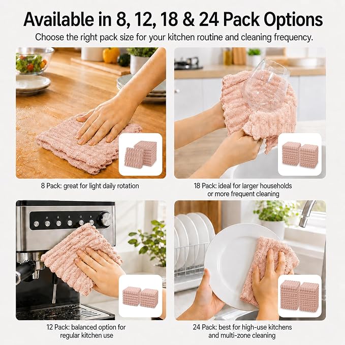 kimteny Microfiber Dish Cloths for Kitchen, 18 Pack 12 x 12 Inch Coral Velvet Kitchen Cleaning Cloths, Absorbent Reusable Non-Scratch Dish Rags for Dishes, Countertops & Sink