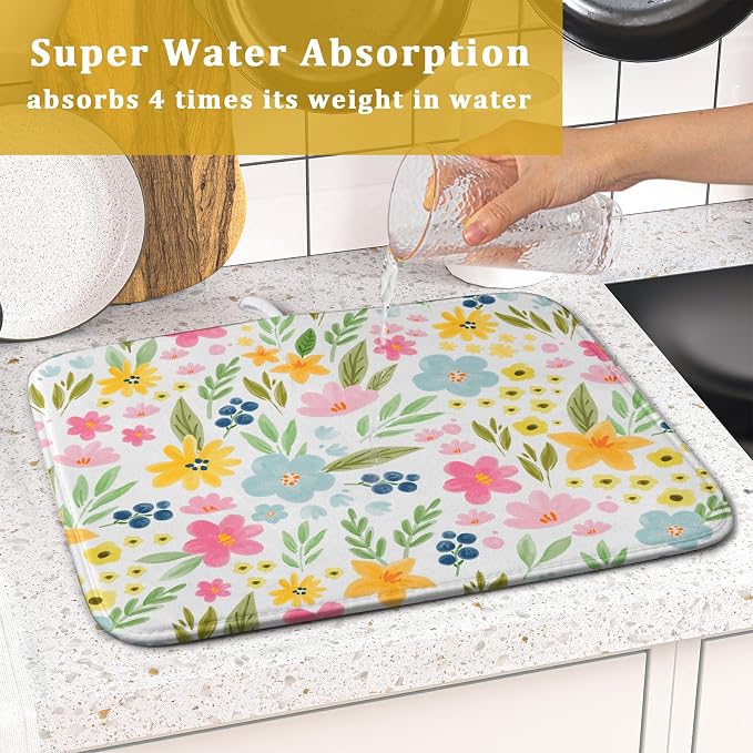 Spring Dish Drying Mat for Kitchen Counter Cute Floral Summer Holiday Microfiber Absorbent Dish Draining Reusable Washable Foldable 16"x18"