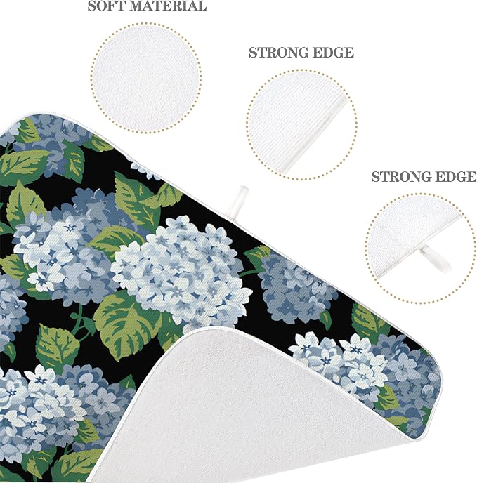 Spring Floral Dish Drying Mat 18x24 Inches For Kitchen Counter Absorbent Black Blue Hydrangea Flower Kitchen Decoration Summer Floral Drying Mat Pad For Home Kitchen,Dining Room,Office Decor