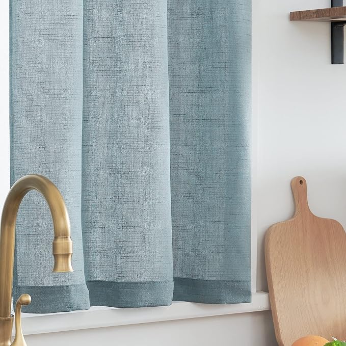 jinchan Kitchen Curtains and Valances Set 3 Pieces Linen Tiers and Valance 24 Inch Cafe Curtains with Valance Rod Pocket Farmhouse Small Drapes Set Rustic Country for Laundry Room Bathroom Blue | Light filtering, rod pocket, cafe curtains, farmhouse, m...