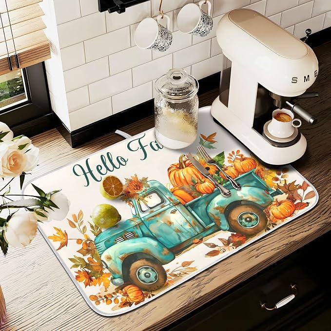 Vintage Fall Truck with Pumpkins Autumn Leaves Dish Drying Mat for Kitchen Counter Absorbent Microfiber Large Drying Pad Dish Mats for Kitchen Countertops 18 x 24 Inch