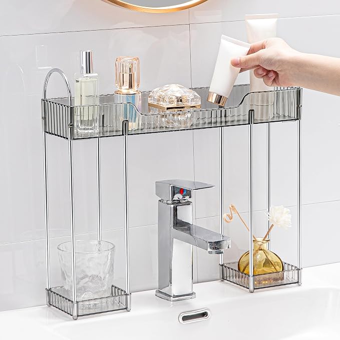 YCIA&DONE Bathroom Countertop Organizer Over The Faucet, Narrow Counter Organizers Above Sink, Table Mounted Faucet Over Sink Shelf for Kitchen, Toilet, Laundry(Smoky Gray)