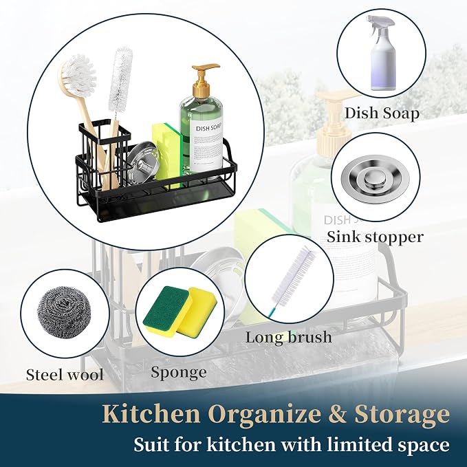 Consumest Sponge Holder for Kitchen Sink - Sink Caddy with Stainless Steel Self Drain Tray, Sink Organizer with High Brush Holder Countertop for Kitchen Sink Accessories, Black