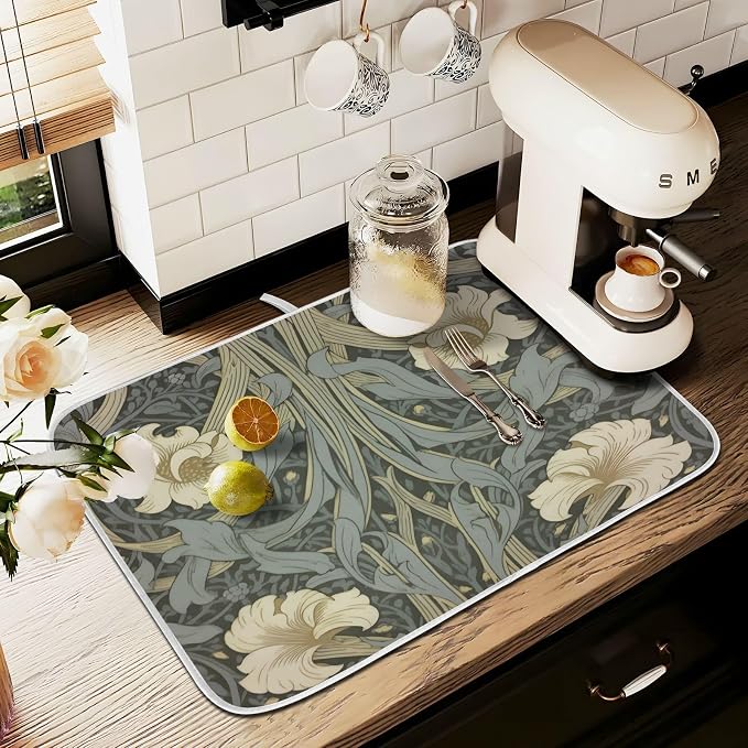 William Morris Flowers Print Dish Drying Mat for Kitchen Counter Absorbent Microfiber Large Drying Pad Dish Mats for Kitchen Countertops 18 x 24 Inch
