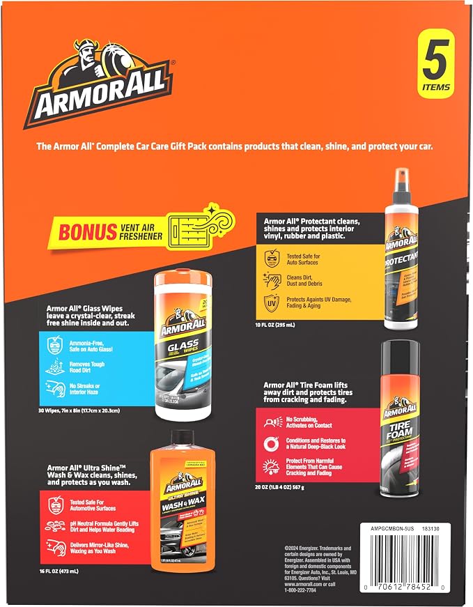 Armor All Car Cleaning Kit, Glass Wipes, Protectant, Wash & Wax, Tire Foam | 4-piece car wash detailing kit with ammonia-free glass wipes and UV protectant spray for interior surfaces