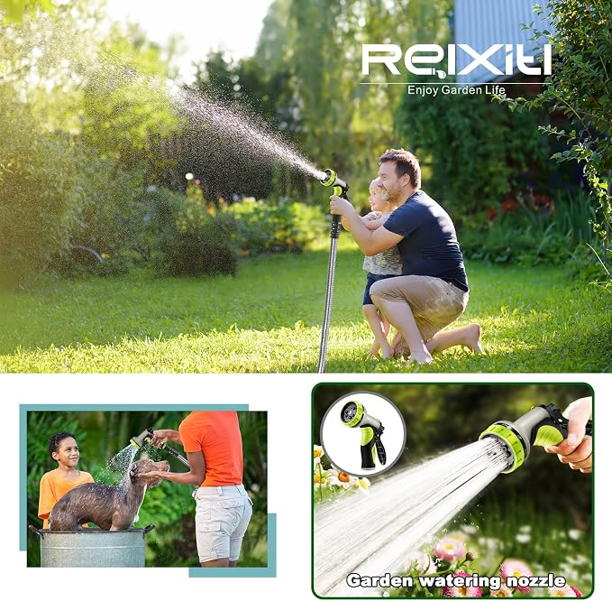 100FT Metal Garden Hose - Stainless Steel, Heavy Duty, Flexible & Lightweight, Never Kink and Tangle, with 10-Function Nozzle, Pressure Resistant for Outdoor Use (Yellow)