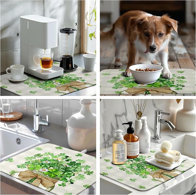 St Patricks Day Shamrock Dish Drying Mat Green Spring Kitchen Dishes Drying Pad Absorbent Dish Dryer Mats for Kitchen Countertops Microfiber Washable Large18x24 in