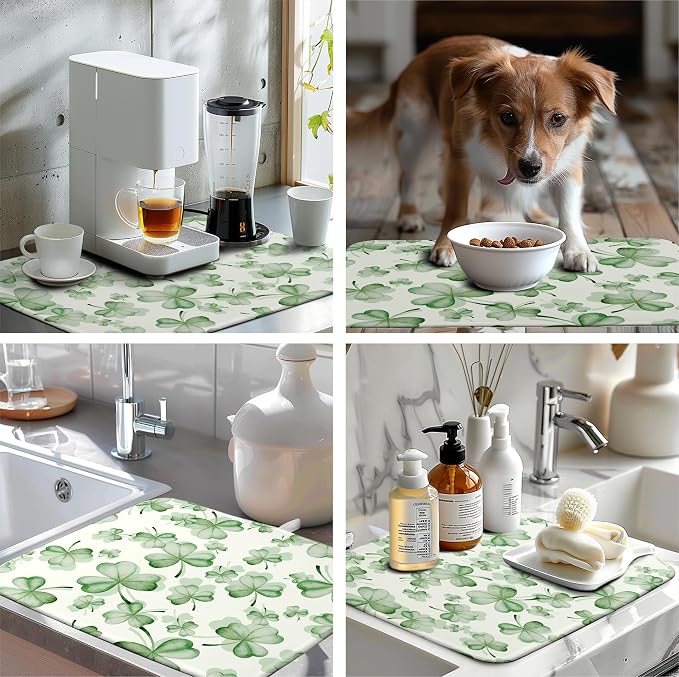 Green Clover Kitchen Drying Mat St Patrick's Day Lucky Shamrock Dish Drying Mats Spring Sage Green Dishes Dry Mat Microfiber Washable Large Dish Pad Super Absorbent Dish Drainer Rack Mat 18x24 Inch