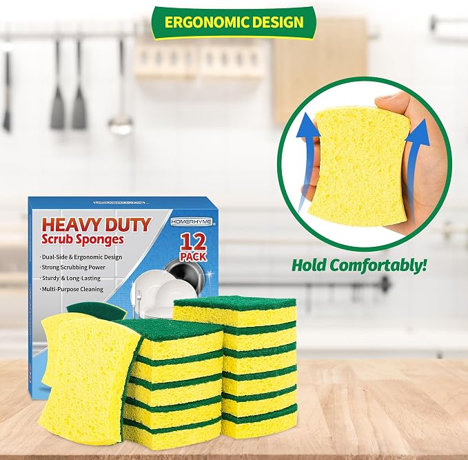 Heavy Duty Sponges, 12 Pack Cellulose Scrub Sponge, Dual-Sided Kitchen Sponge, Multipurpose Sturdy Ergonomic Design for Kitchen Dishwashing, Uncoated Cookware, Sink, and Countertops