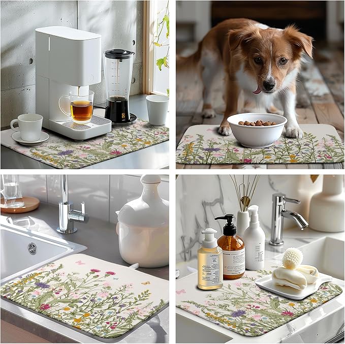 Wildflower Floral Dish Drying Mat for Kitchen Counter Vintage Rustic Flower Drying Mats Spring Summer Herb Plant Absorbent Microfiber Dishes Pad Washable Dish Draining Mat Medium 16"x18"