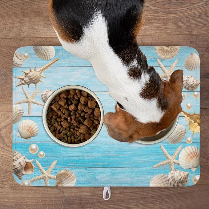 Summer Coastal Dish Drying Mat for Kitchen Counter Seashell Starfish Blue Wooden Board Microfiber Dish Drainer Mat Ocean Nautical Absorbent Washable Drying Pad Extra Large 18"x24"
