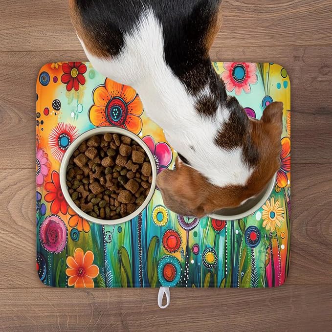 Abstract Colorful Floral Dish Drying Mat for Kitchen Counter Spring Summer Flower Microfiber Dish Drainer Mat Rustic Absorbent Washable Drying Pad 16"x18"
