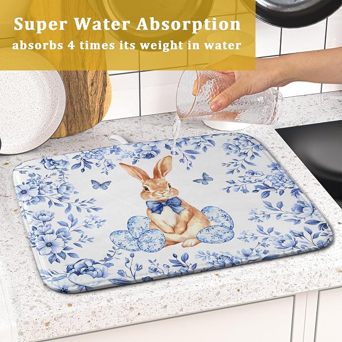 Vintage Microfiber Dish Drying Mat Blue Easter Floral Kitchen Drying Mats for Dishes 18 X 16