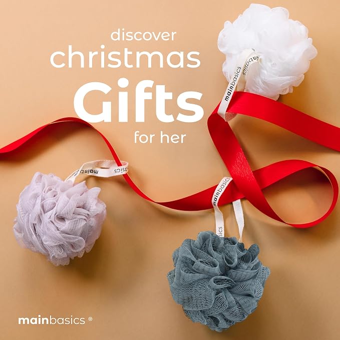 MainBasics Shower Loofah Sponge Pouf, Set of 3, Airy Blossom | Soft Mesh Body Scrubber and Bath Sponge for Gentle Exfoliation, Rich Lather, and Everyday Shower Use