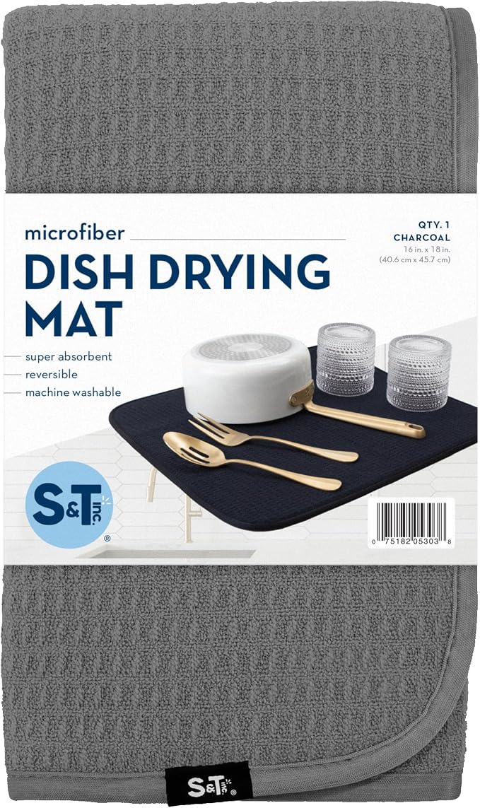 S&T INC. Dish Drying Mat, 2 Pack, 16" x 18", Large, Charcoal Grey | Absorbent Microfiber, 2PK Kitchen Counter Mat for Dishes, Utensils, Pots and Pans, Machine Washable