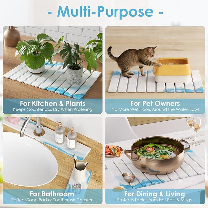 4-Piece Large Stone Dish Drying Mat for Kitchen Counter, 24"x16" Super Absorbent Diatomaceous Earth Drying Mat Set with Faucet Mat & Small Utility Mat, Rollable Quick Dry Pad for Dishes, Cups, Bottles