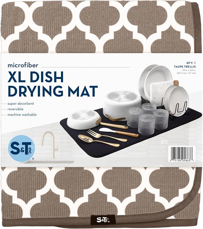 S&T INC. Dish Drying Mat XL, 18” x 24”, Absorbent Microfiber Kitchen Counter Mat, Dish Drying Pad for Dishes, Utensils, Pots and Pans, Extra Large, Taupe Trellis