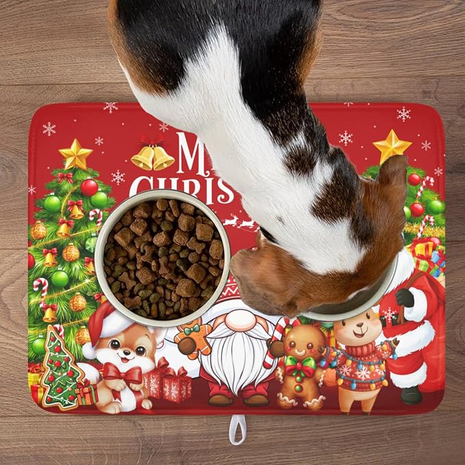 Merry Christmas Dish Drying Mat for Kitchen Counter 18x24 Inch | Xmas Theme Snowman Santa Claus Trees Pattern Dish Drainer Mat Rustic Holiday Absorbent Washable Drying Pad