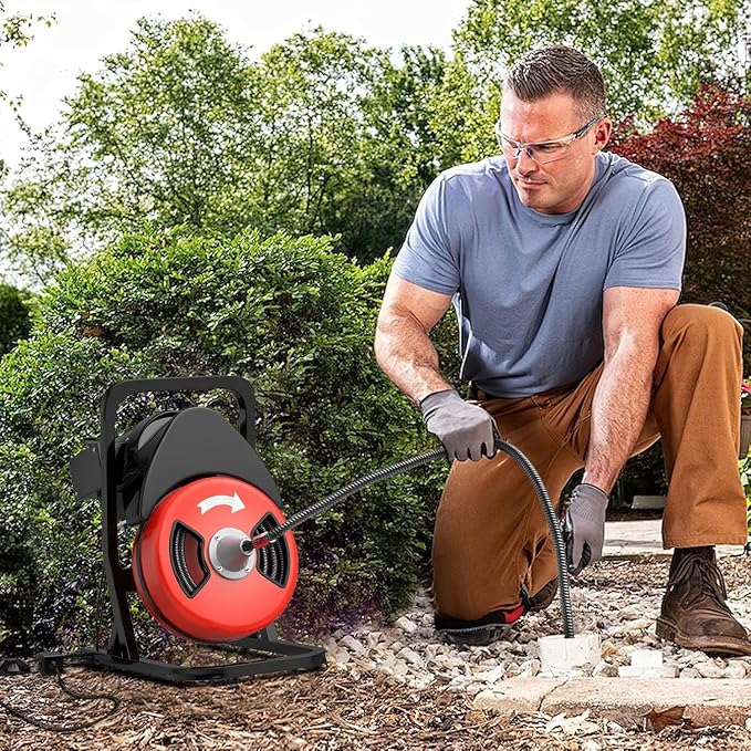 Garvee 50FTx1/2 Inch Drain Cleaner Machine with Wheels, Sewer Snake Drain for 2" to 4" Pipes, Plumbing Snake Auger Cleaner with 6 Cutter & Foot Switch for Sewer, Sink, Toilet, Bathroom