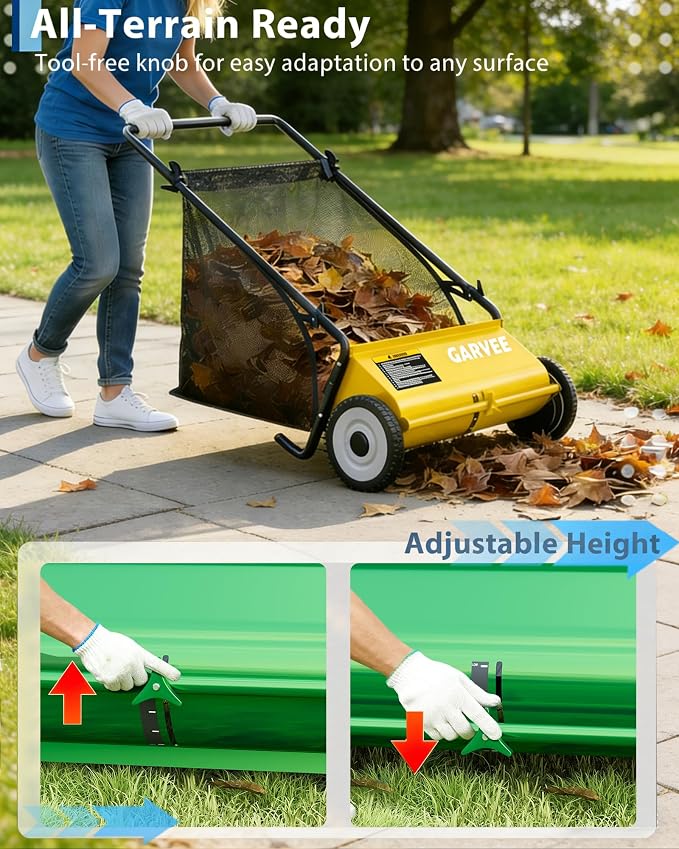 Push Lawn Sweeper, 26 Inch Extra-Wide 4-Brush System, 7 cu.ft. Mesh Bag, Heavy Duty Steel Frame, Height-Adjustable Yard & Garden Cleaner for Leaves and Grass, Yellow