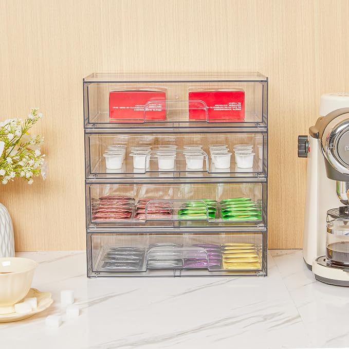 Vtopmart 12.1''W Clear Stackable Storage Drawers,4 Pack Acrylic Plastic Organizers Bins for Makeup Palettes, Cosmetics, and Beauty Supplies,Ideal for Vanity, Bathroom,Cabinet,Desk Organization
