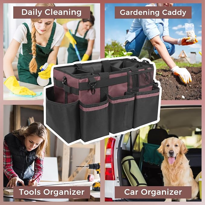 SCAVATA Wearable Cleaning Caddy, Cleaning Caddy Supplies Organizer with Handle & Shoulder Straps for Housekeepers, Under Sink & Car Cleaning Tool Organizers Bag with 4 Foldable Divider (LotusPink)