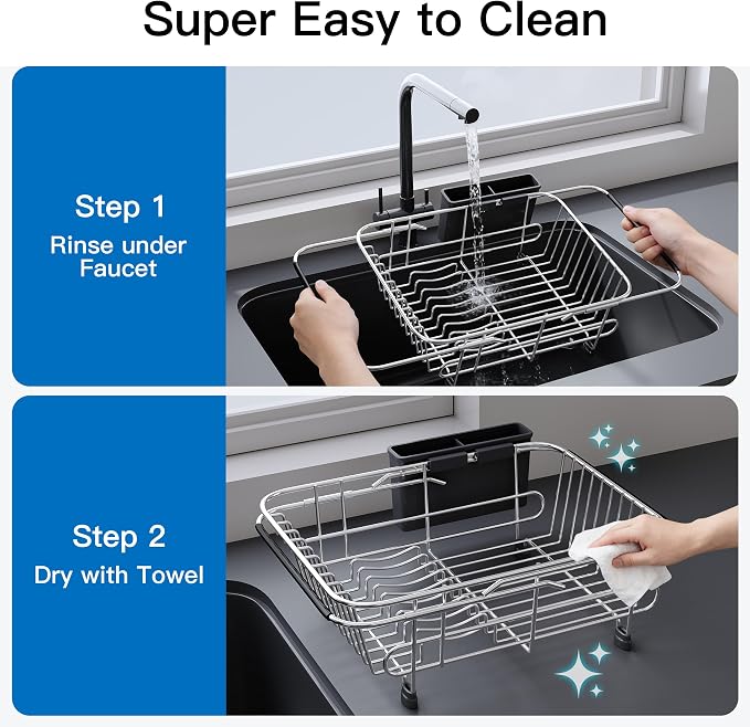 Apartment RV Small Dish Drainer Drying Rack Over The Sink In Stainless Steel for Narrow Kitchen, Counter Space Saving Compact Expandable Metal Dish Dryer Strainer, Adjustable Hanging Wire Drain Holder