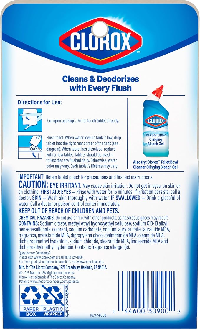 Clorox Ultra Clean Toilet Tablets Bleach & Blue, Rain Clean Scent 2.47 Ounces Each, 2 Count (Package May Vary)