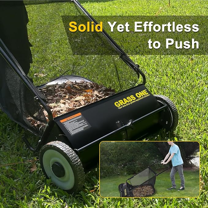26 Inch Push Lawn Sweeper with 7 Cu.Ft Collection Bag | Yard Sweeper With 4 Spinning PP Brushes, Durable Steel Frame, Adjustable Height And Rubber Tires For Easy Yard Cleanup.